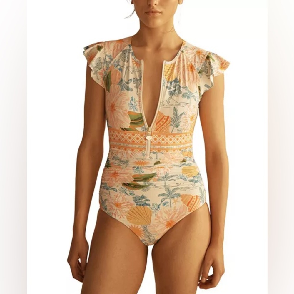 Aur Ocea ALCIO Ruffle Sleeve One Piece zip swimsuit NWOT